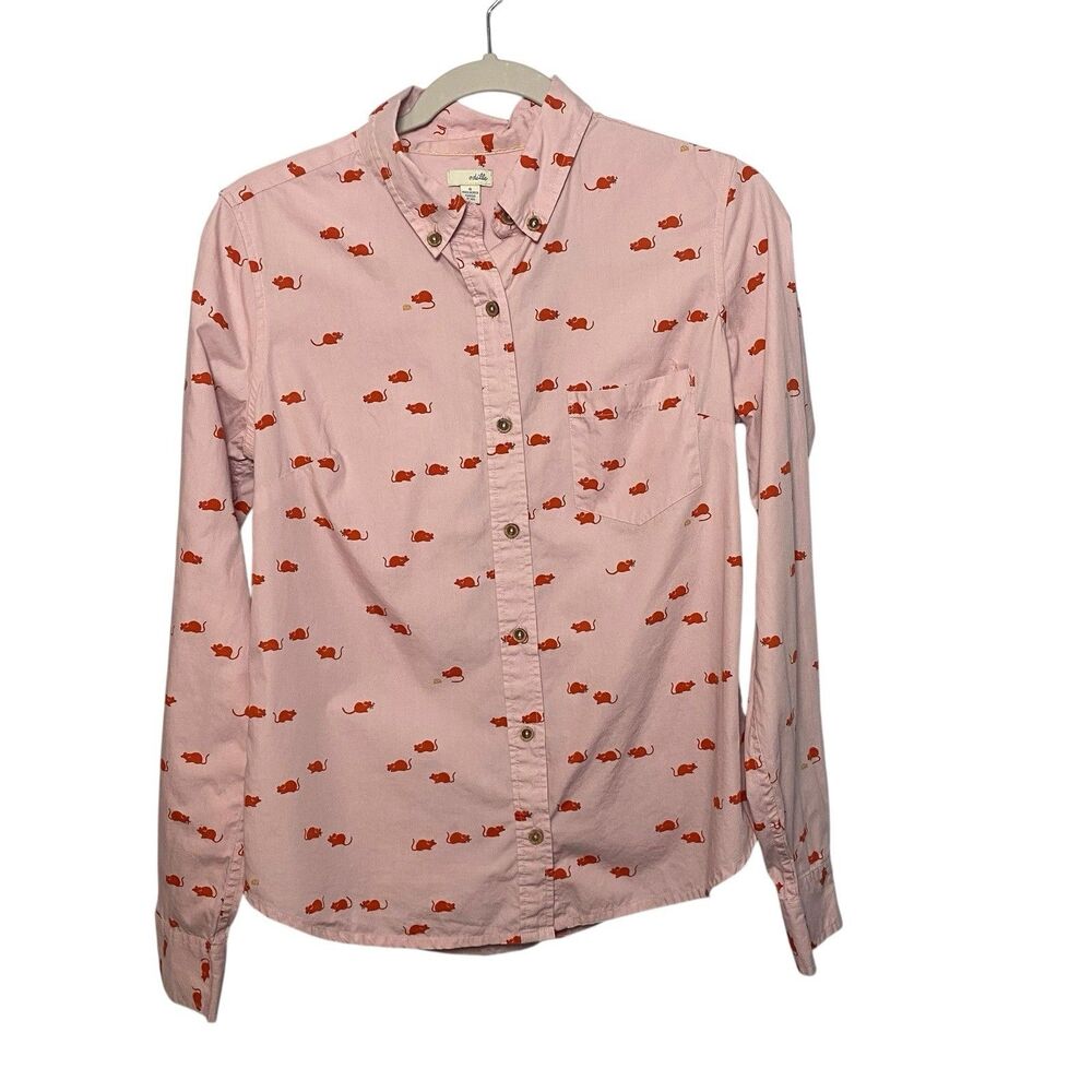Anthropologie Odille Mouse & Cheese Novelty Print Button Down Shirt Pink Size 6